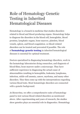 Role of Hematology Genetic Testing in Inherited Hematological Diseases