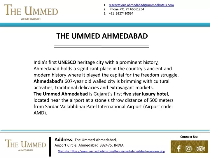 1 reservations ahmedabad@ummedhotels com 2 phone