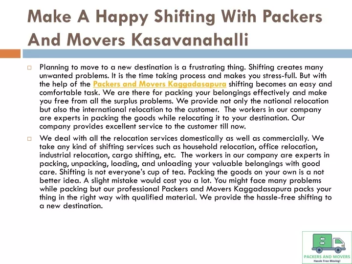 make a happy shifting with packers and movers kasavanahalli