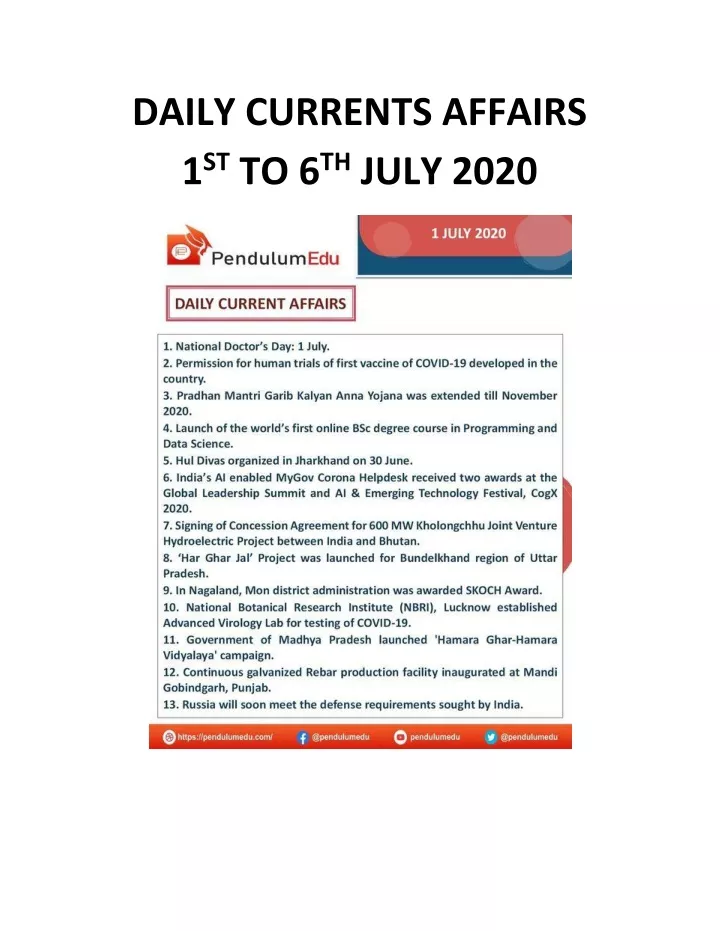 daily currents affairs 1 st to 6 th july 2020