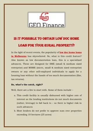Is It Possible To Obtain Low Doc Home Loan For Your Rural Property?