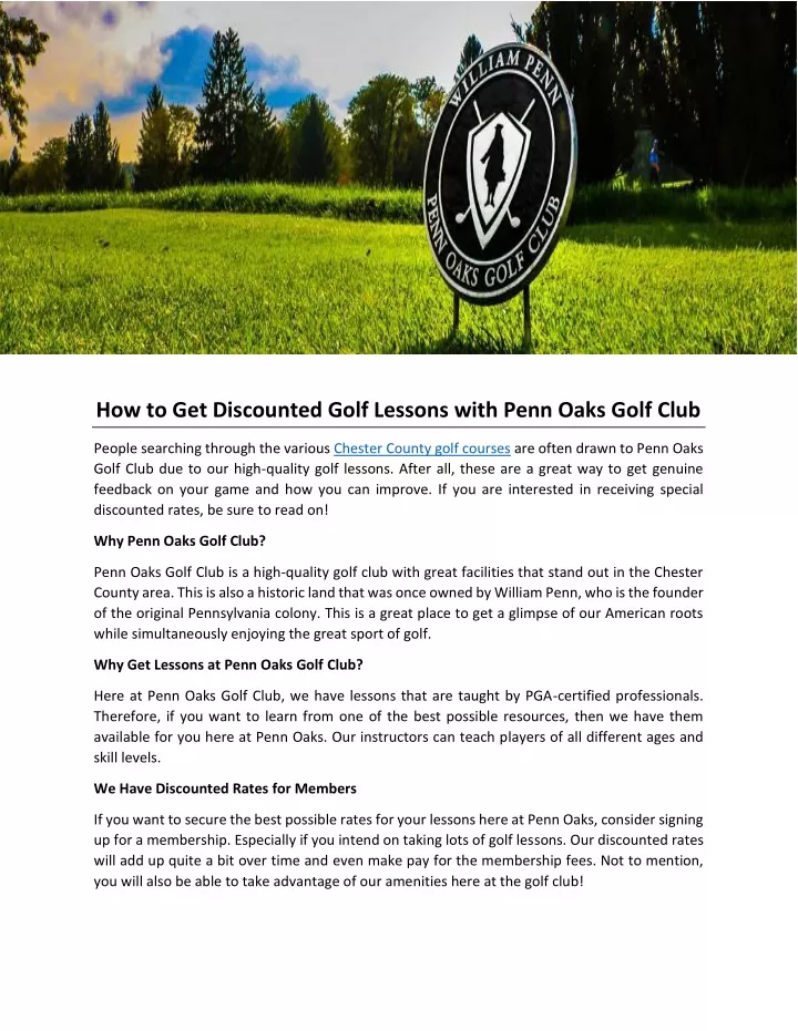 how to get discounted golf lessons with penn oaks