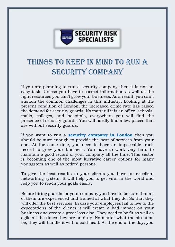 things to keep in mind to run a security company