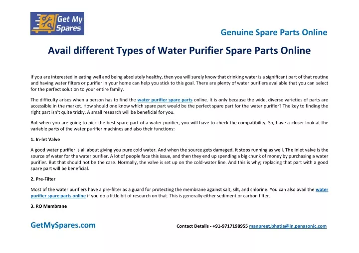 avail different types of water purifier spare