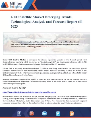 GEO Satellite Market Emerging Trends, Technological Analysis and Forecast Report till 2023