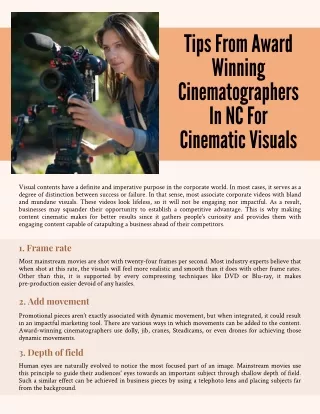 Tips From Award-Winning Cinematographers In NC For Cinematic Visuals