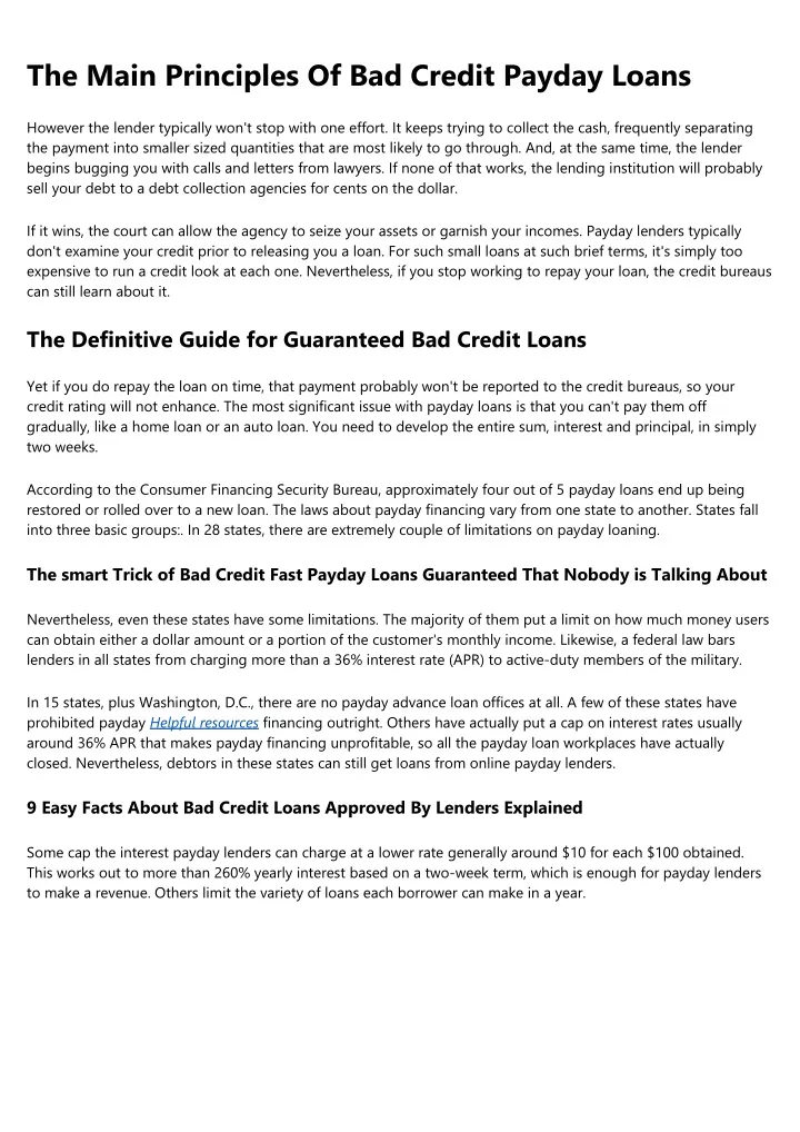 the main principles of bad credit payday loans