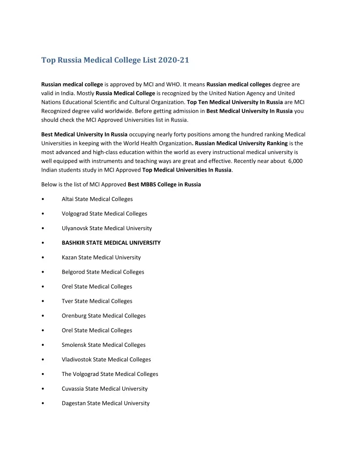 top russia medical college list 2020 21