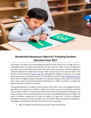 Wonderland Montessori Gibert AZ: Providing Excellent Education Since 2017