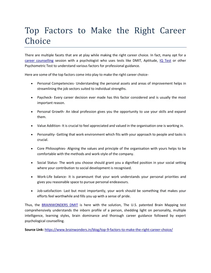 top factors to make the right career choice
