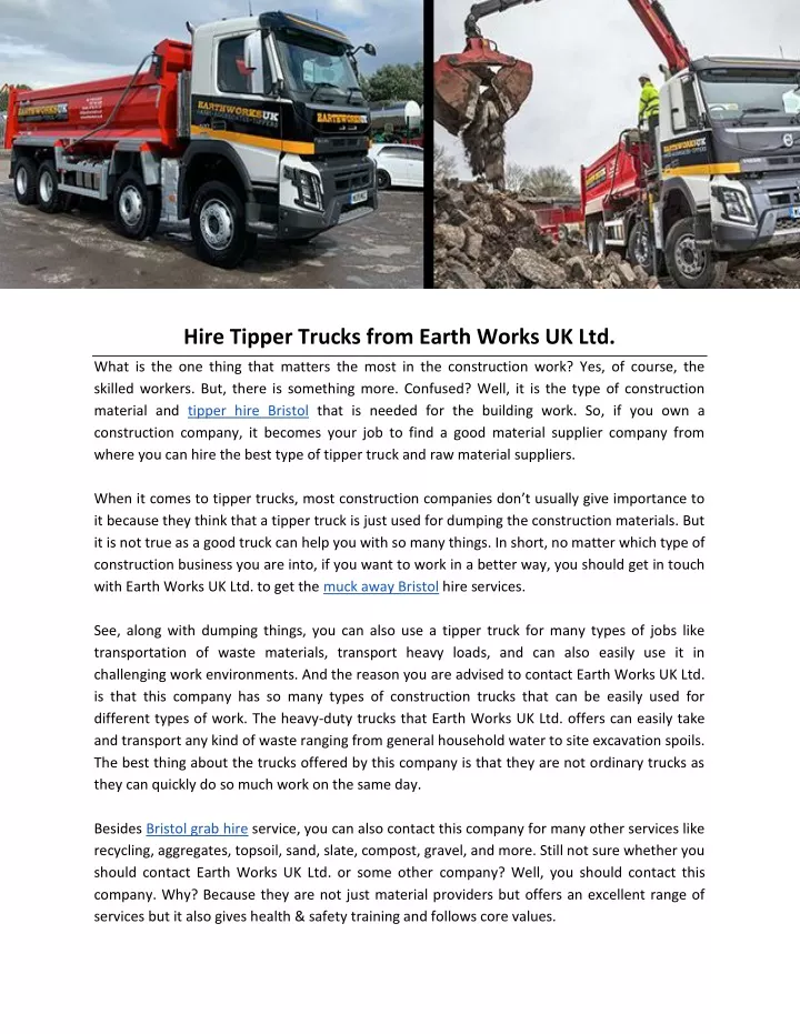 hire tipper trucks from earth works uk ltd