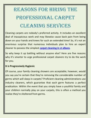 Reasons FoR HiRing THe PRoFessional CaRPeT Cleaning seRviCes