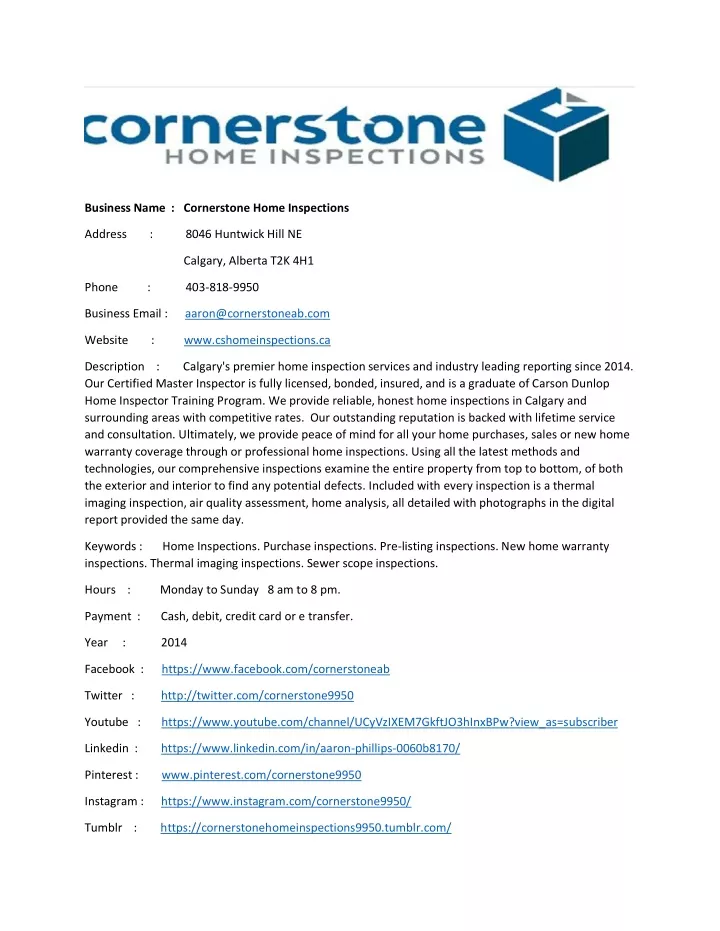 business name cornerstone home inspections