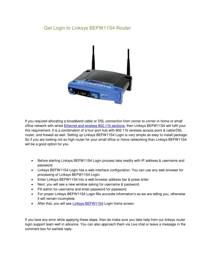 get login to linksys befw11s4 router