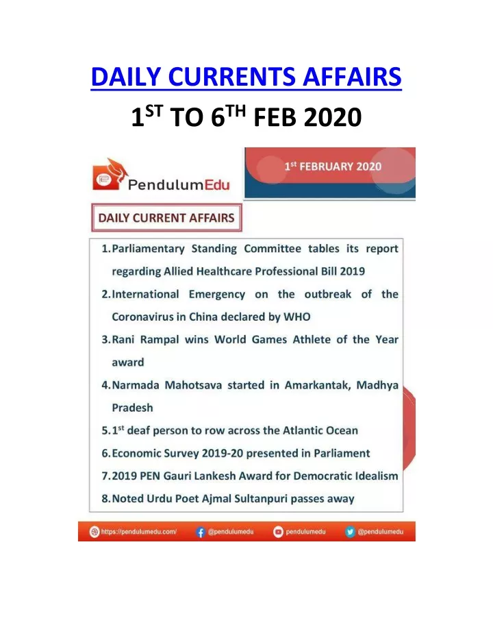 daily currents affairs 1 st to 6 th feb 2020
