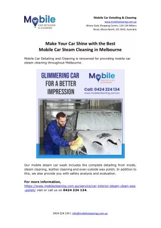 Make Your Car Shine with the Best Mobile Car Steam Cleaning in Melbourne