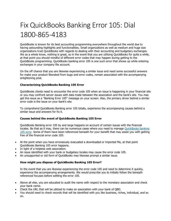 fix quickbooks banking error 105 dial 1800