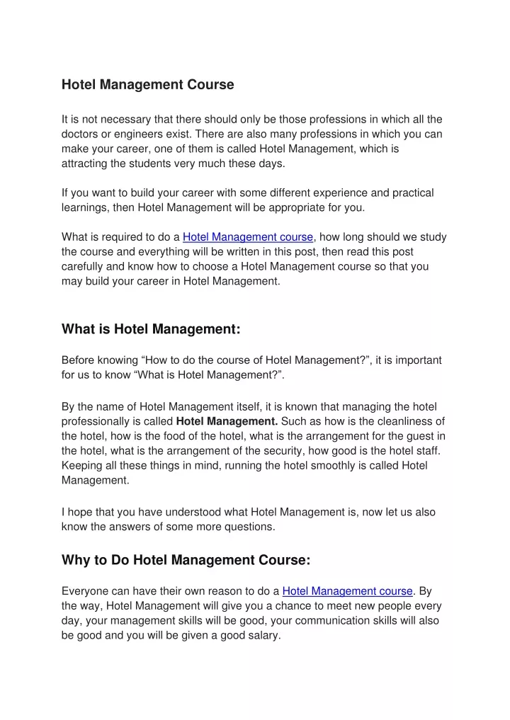 hotel management course it is not necessary that