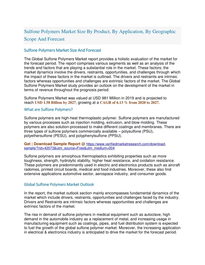 sulfone polymers market size by product