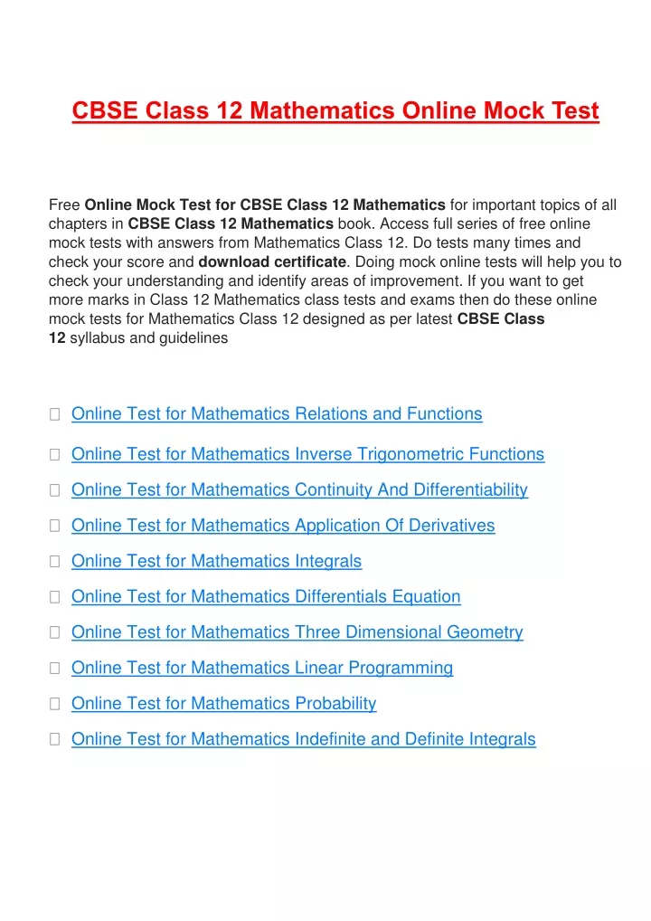 cbse class 12 mathematics online mock test