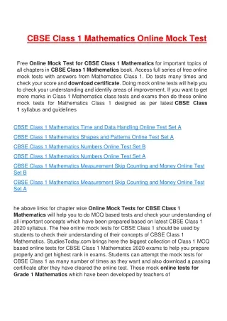 cbse class 1 mathematics online mock test
