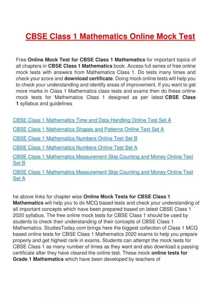 cbse class 1 mathematics online mock test