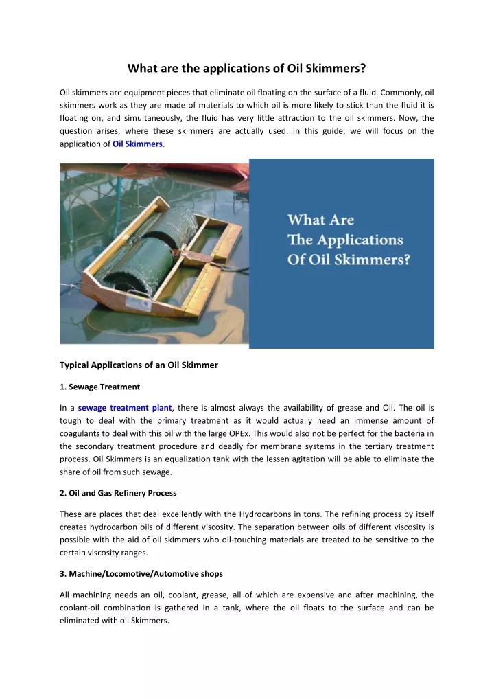 what are the applications of oil skimmers