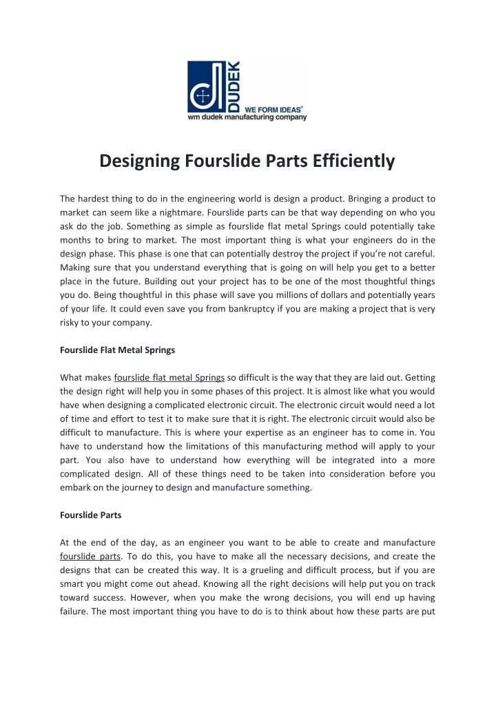 designing fourslide parts efficiently