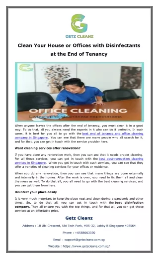 Clean Your House or Offices with Disinfectants at the End of Tenancy