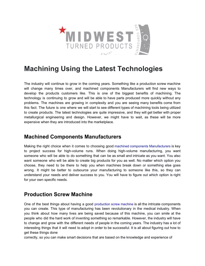 machining using the latest technologies