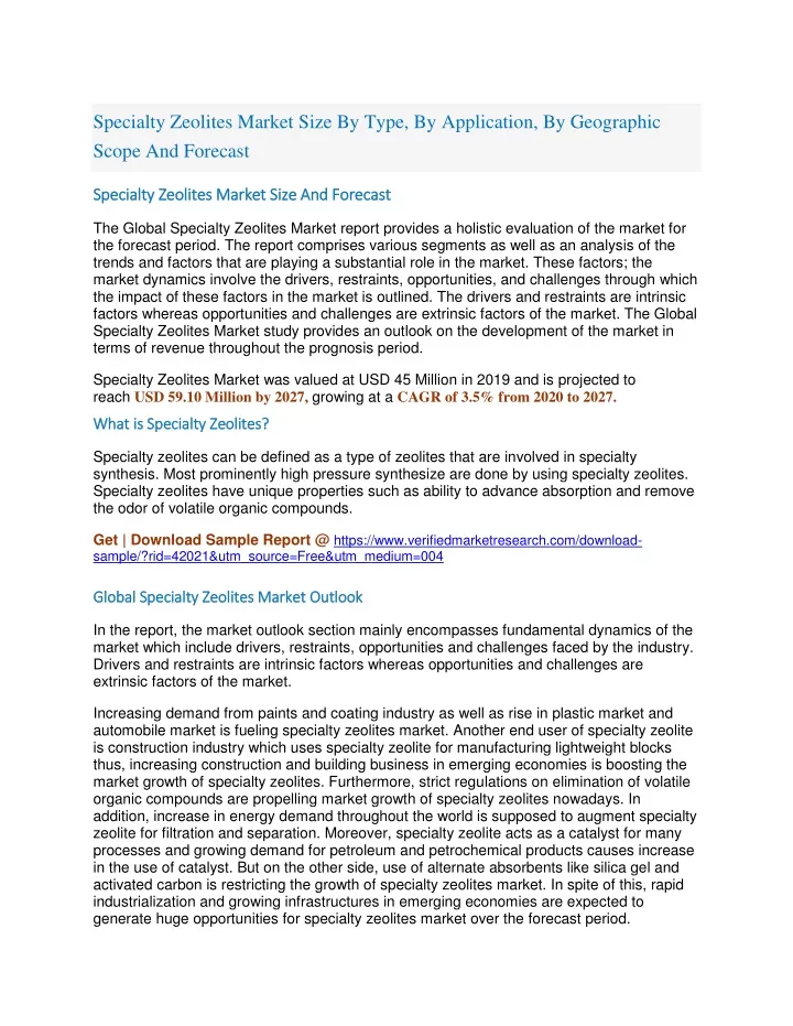 specialty zeolites market size by type