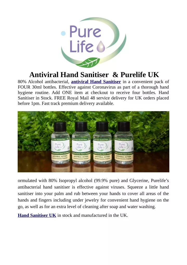 antiviral hand sanitiser purelife uk 80 alcohol