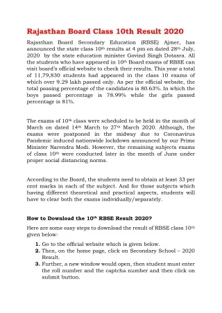 rajasthan board class 10th result 2020