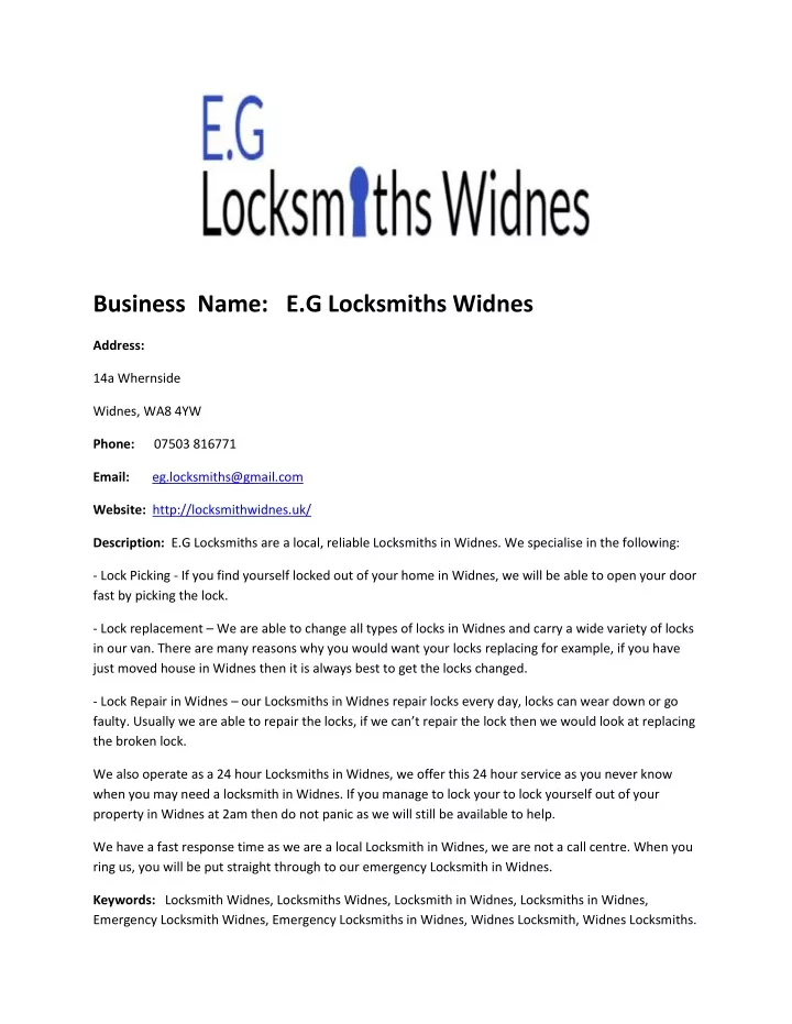 business name e g locksmiths widnes