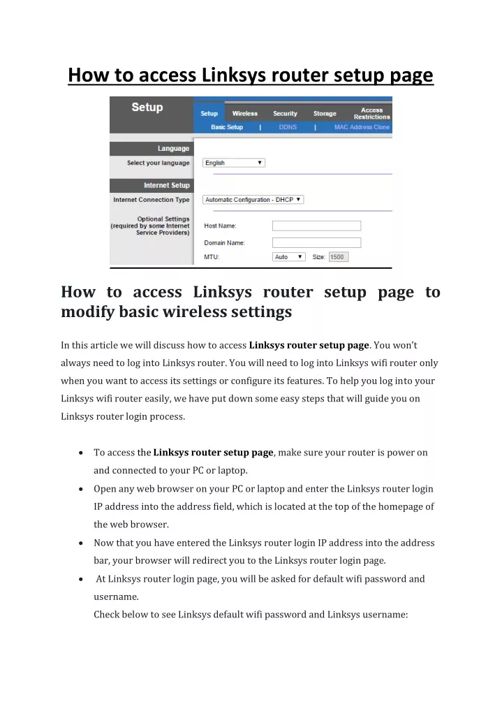 how to access linksys router setup page