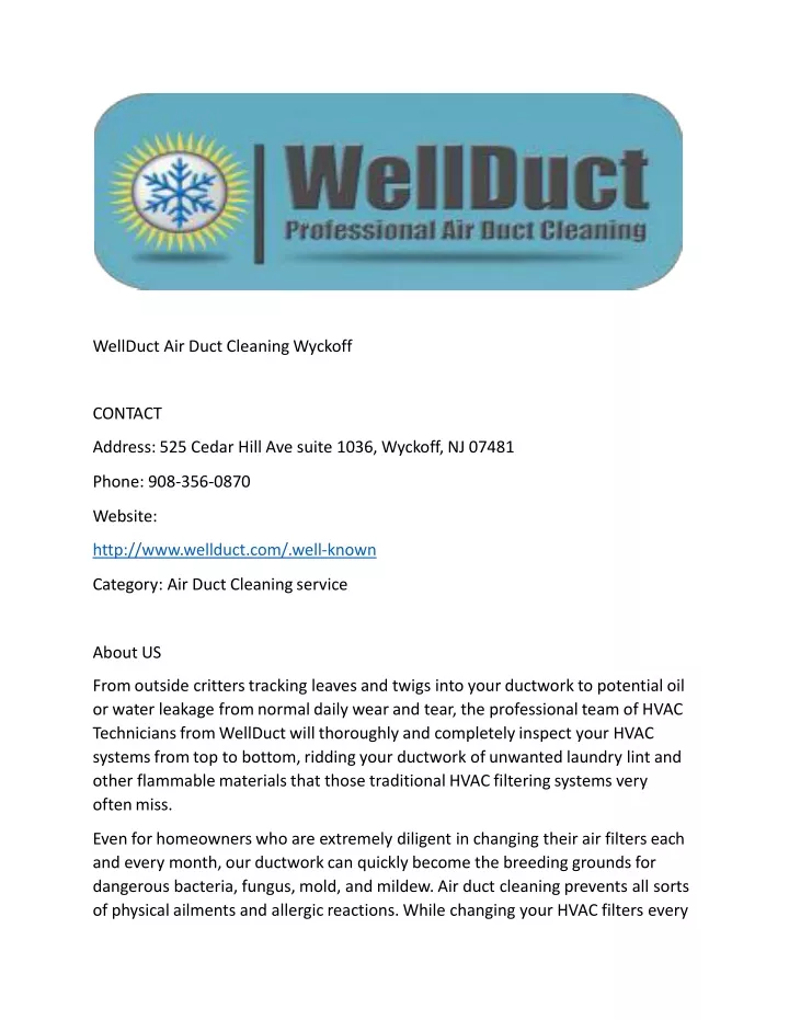 wellduct air duct cleaning wyckoff contact