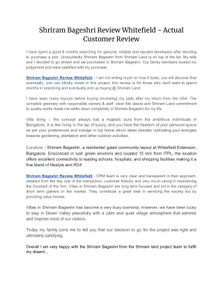 Shriram Bageshri Review Whitefield - Actual Customer Review