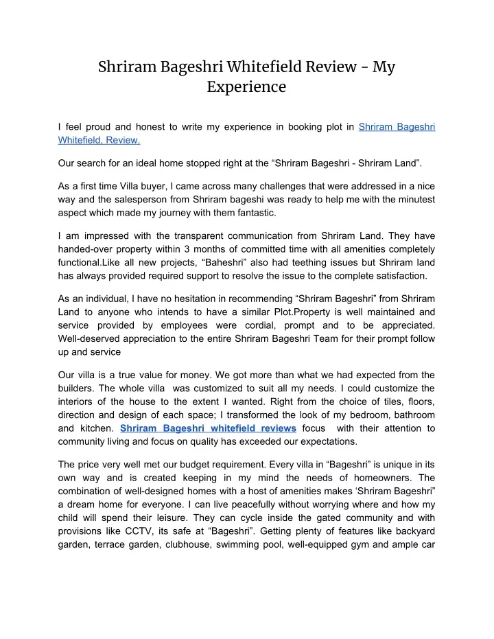 shriram bageshri whitefield review my experience