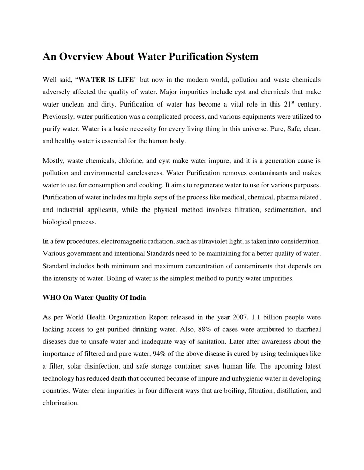 an overview about water purification system