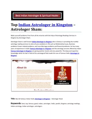 Top Indian Astrologer in Kingston – Astrologer Sham: