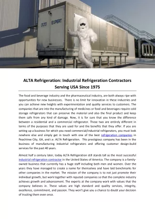 ALTA Refrigeration: Industrial Refrigeration Contractors Serving USA Since 1975