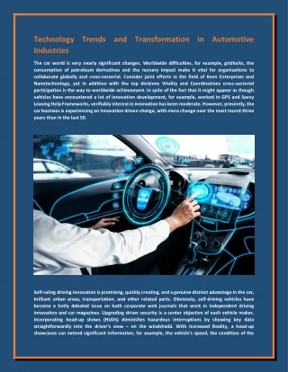 Technology Trends and Transformation in Automotive Industries