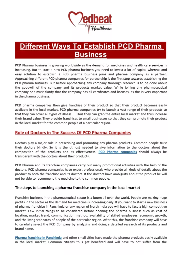different ways to establish pcd pharma business