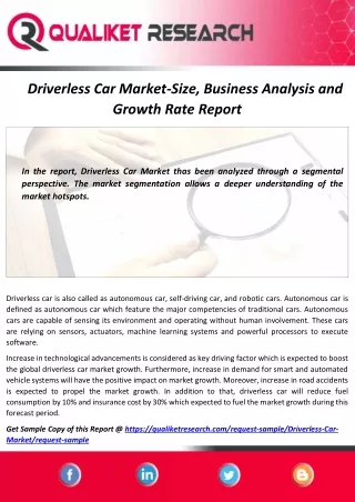 Global Driverless Car Market Size, Share, Trend, Growth, Application and forecast Analysis Report 2020-2027