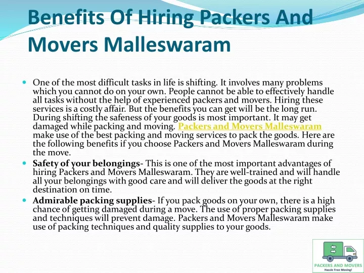 benefits of hiring packers and movers malleswaram