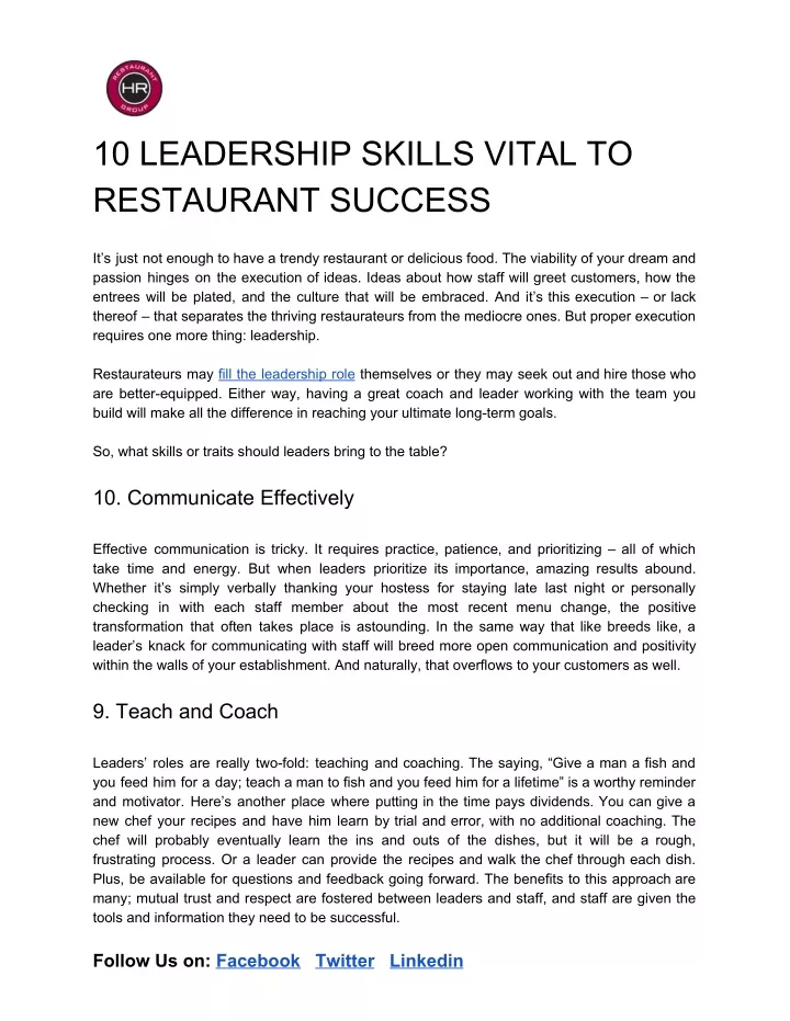 10 leadership skills vital to restaurant success
