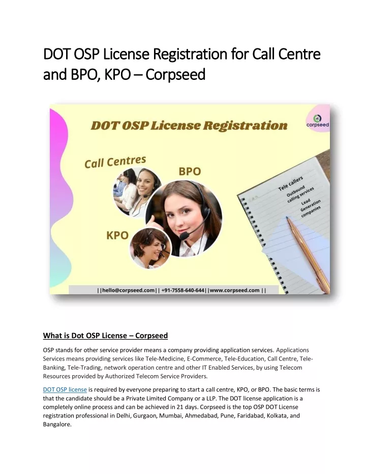 dot osp license registration for call centre