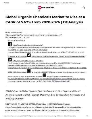 2020 Future of Global Organic Chemicals Market, Size, Share and Trend Analysis Report to 2026