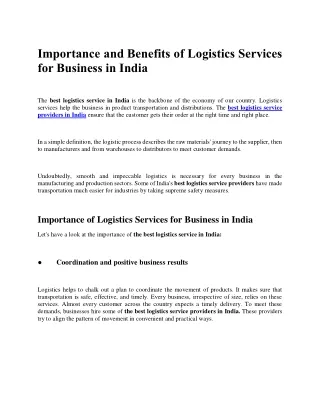 Importance and Benefits of Logistics Services for Business in India