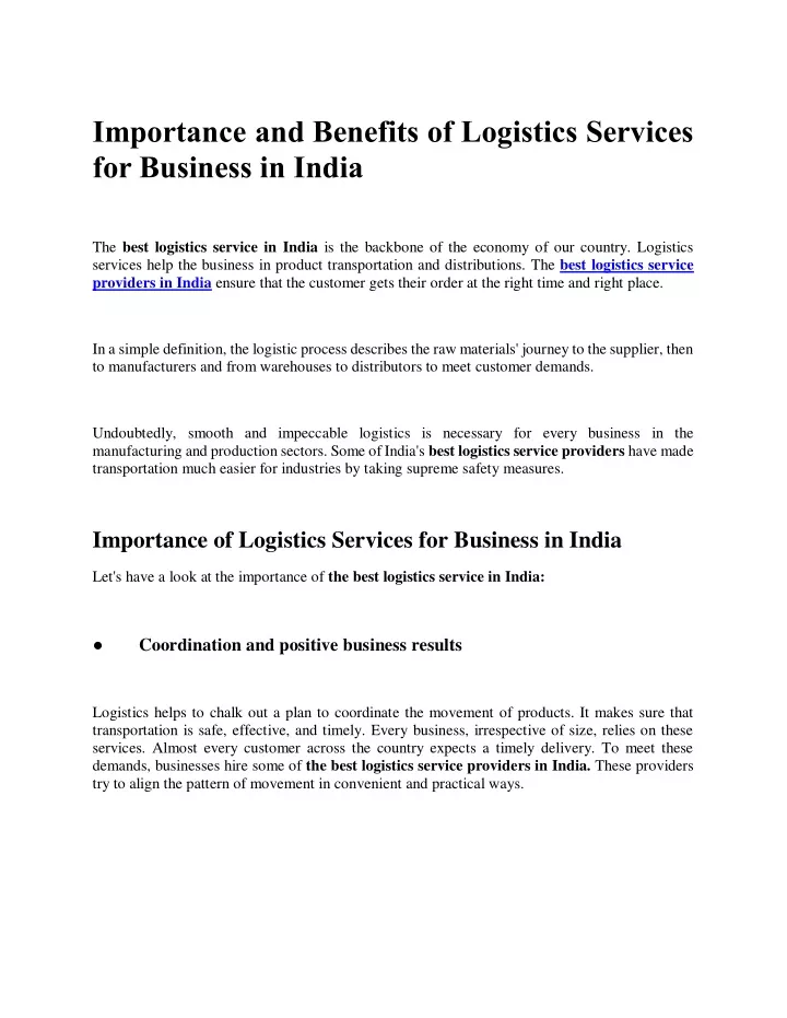 importance and benefits of logistics services